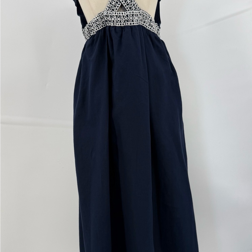 J.Crew Navy Maxi Dress Lace Trim Deep V-Neck Crisscross Back Flutter Sleeves - Picture 13 of 16